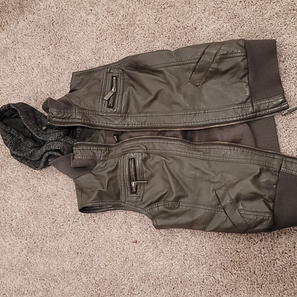 Grey faux leather vest with hood. Medium